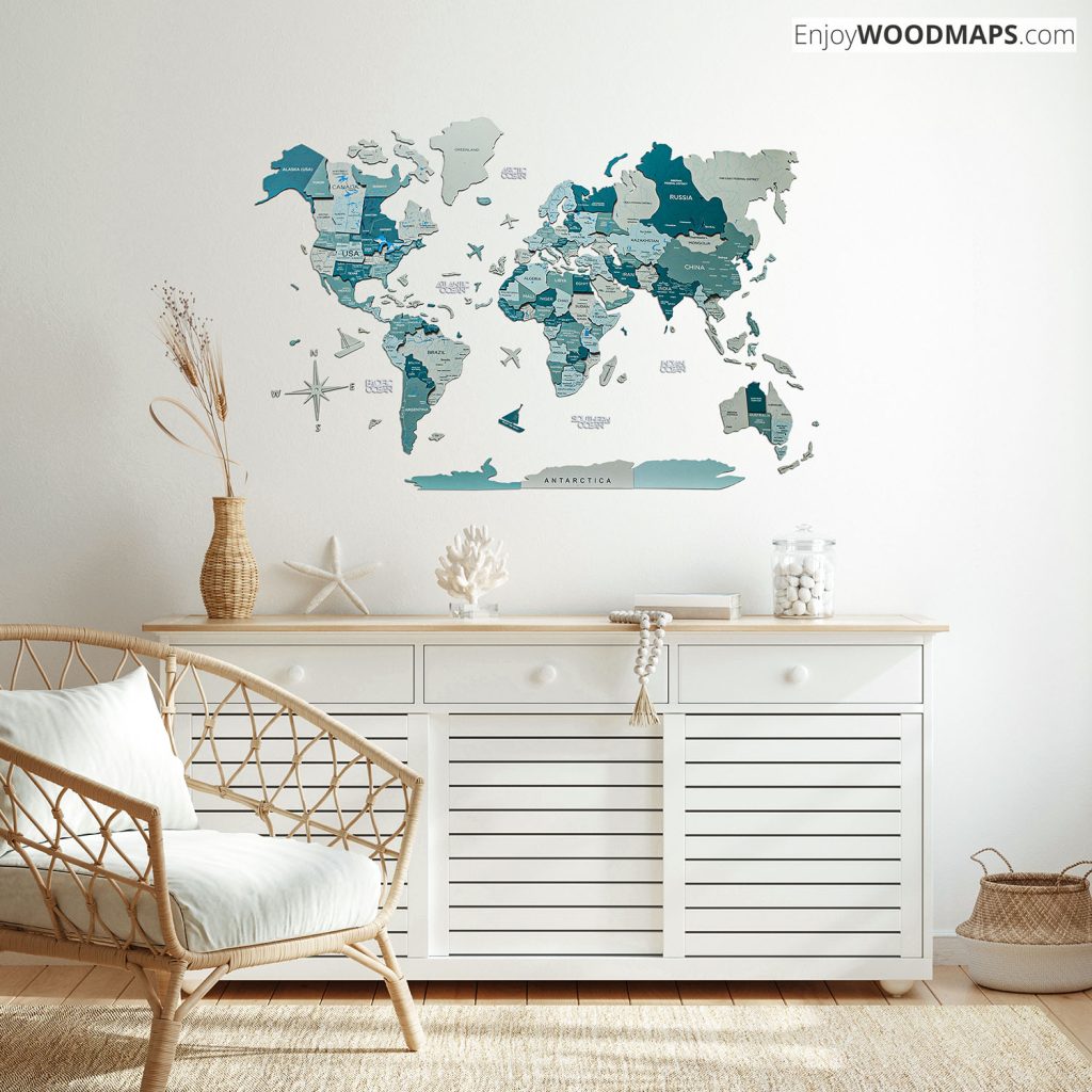 3D Wooden World Map Acuq color travel decor 2024