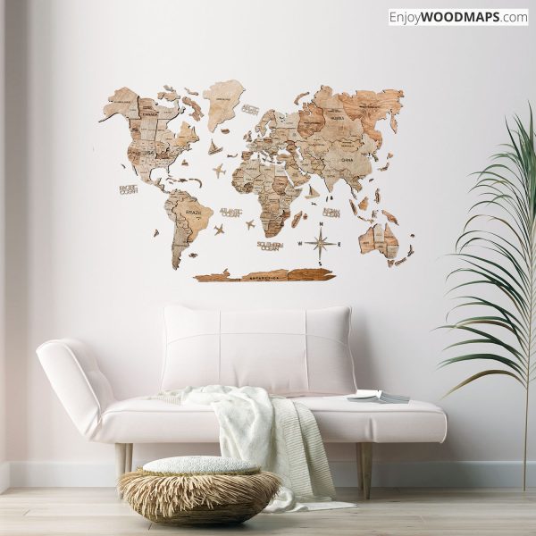 Wooden World Map Terra color travel decor 2024