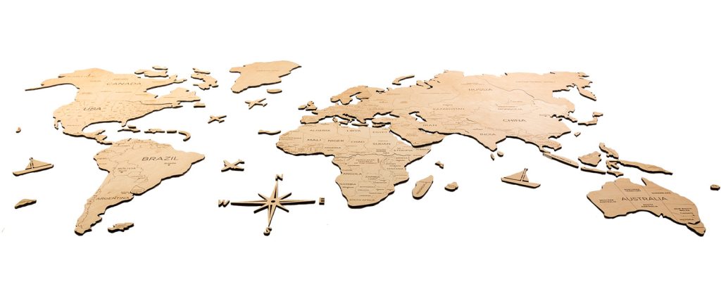 light wood wall world map decor