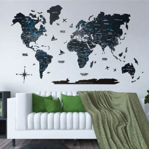 2D Wooden World Map Midnight Black Color