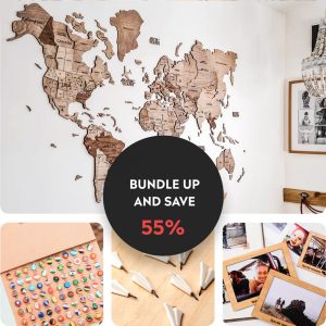 Bundle: Wooden Map, Flags and Airplanes Push Pins, Photo Frames