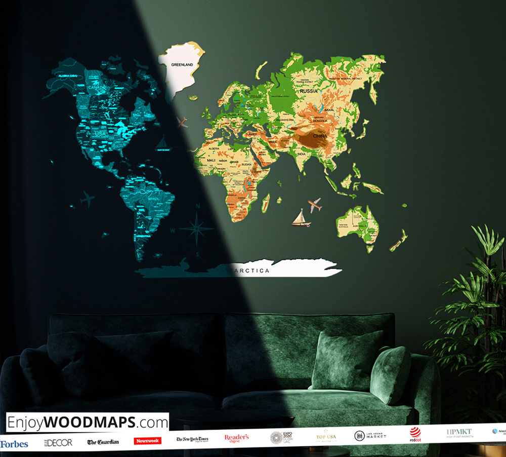 Mapa Mundial de Madera 3D Luminiscente/Magnético Coloreado Físico